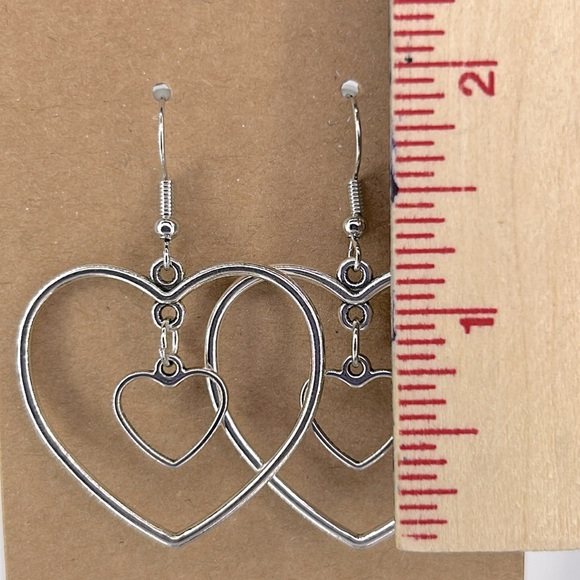 Double Heart Dangle Valentine Alloy Earrings - Picture 2 of 2